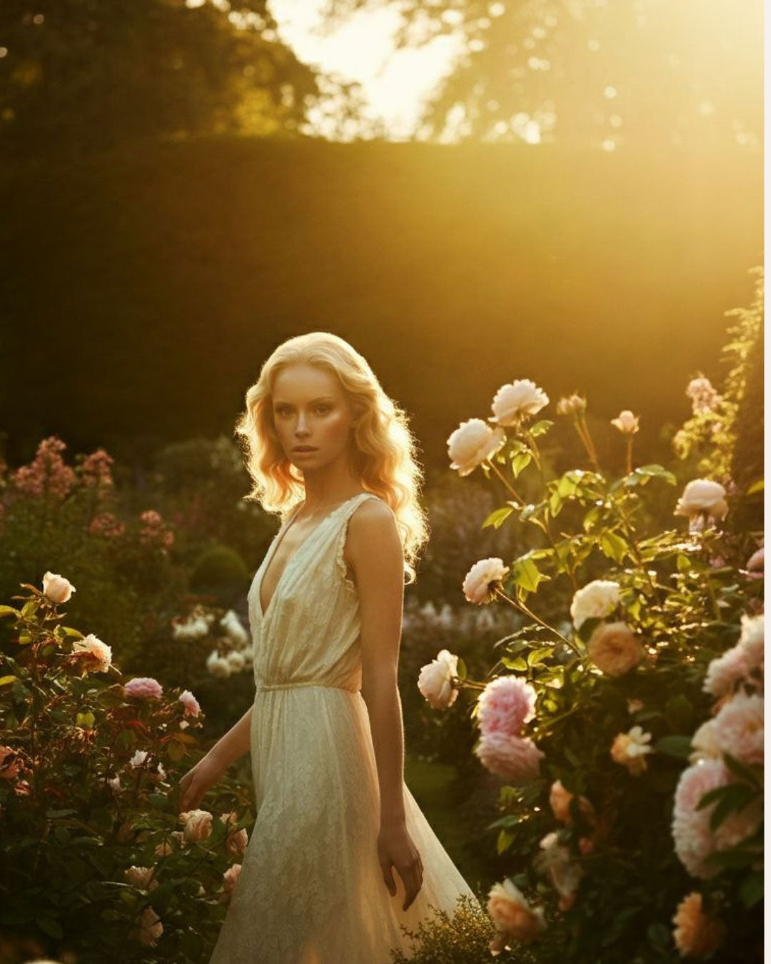 Woman in a white dress standing amidst flowers with a warm, golden light.