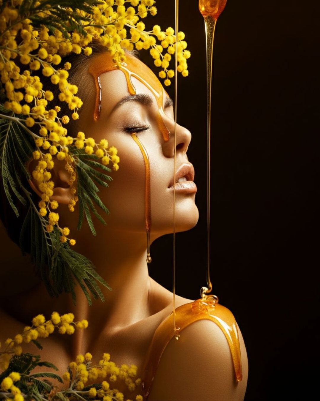 Artistic depiction of a woman's face with yellow flowers and honey, against a dark background