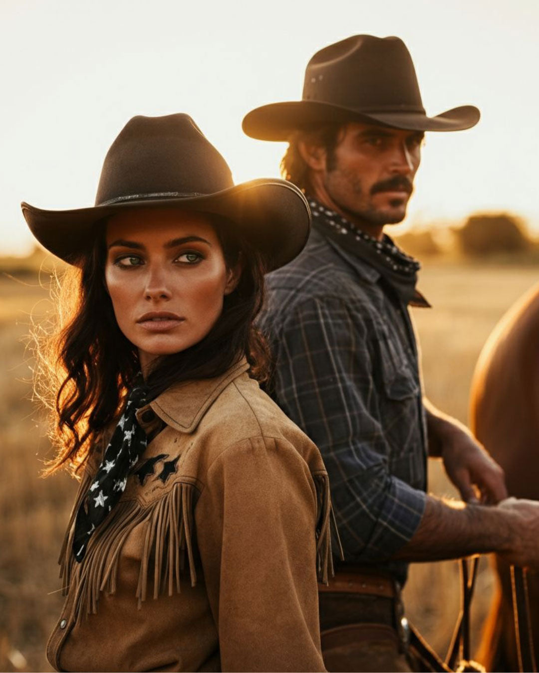 Two people in cowboy attire standing in a field with a horse.