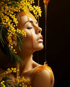Artistic depiction of a woman's face with yellow flowers and honey, against a dark background