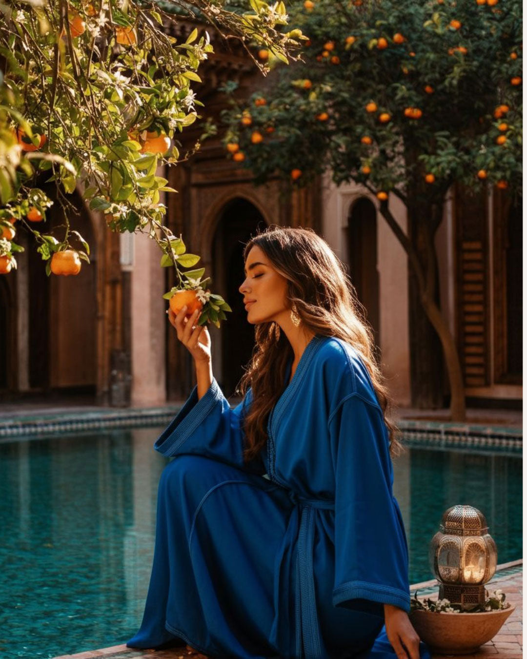 Woman in a blue dress holding an orange by a pool with orange trees