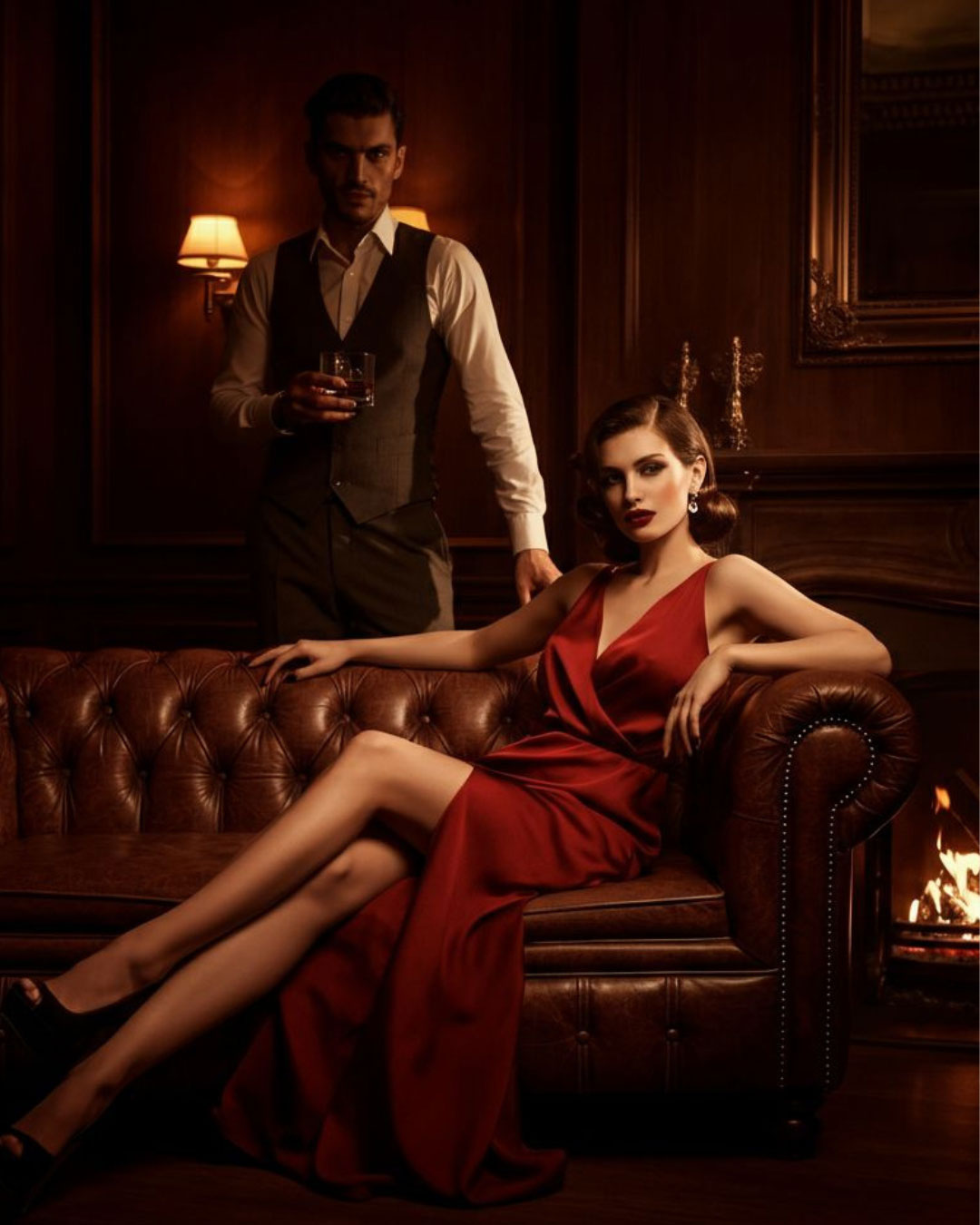 Woman in a red dress sitting on a leather couch with a man in formal attire in a dimly lit room.