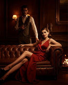 Woman in a red dress sitting on a leather couch with a man in formal attire in a dimly lit room.