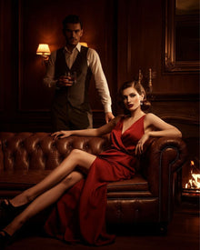 Woman in a red dress sitting on a leather couch with a man in formal attire in a dimly lit room.
